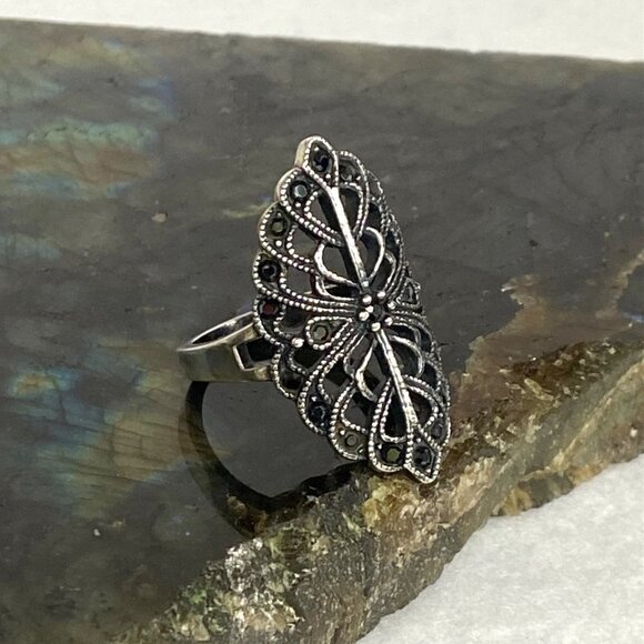 Sterling Silver 925 Openwork Scrollwork Wide Black Black Rhinestone Ring Sz 8 - Picture 4 of 16